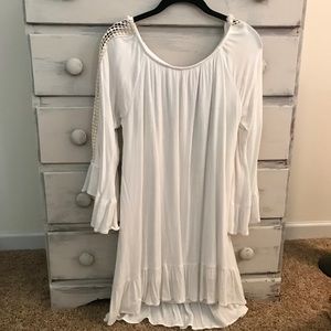 White bell sleeve dress with cream accents